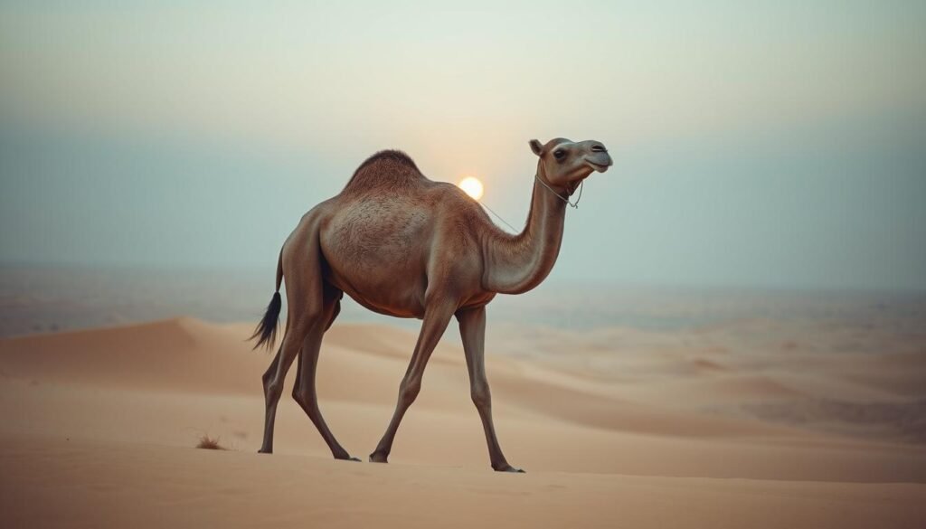 A Saharan camel standing tall, its weathered hide rippled by the desert winds. The creature's head is held high, dark eyes watchful as it surveys the endless dunes stretching out before it. In the foreground, its powerful legs stride purposefully through the fine golden sand, the animal's graceful movements captured with a shallow depth of field. Behind it, the distant horizon is obscured by a hazy mirage, the sky a soft gradient of blues and pinks as the sun dips low. The atmosphere is one of solitude and timelessness, a serene moment in the ancient Sahara. A Saharan camel standing tall, its weathered hide rippled by the desert winds. The creature's head is held high, dark eyes watchful as it surveys the endless dunes stretching out before it. In the foreground, its powerful legs stride purposefully through the fine golden sand, the animal's graceful movements captured with a shallow depth of field. Behind it, the distant horizon is obscured by a hazy mirage, the sky a soft gradient of blues and pinks as the sun dips low. The atmosphere is one of solitude and timelessness, a serene moment in the ancient Sahara.