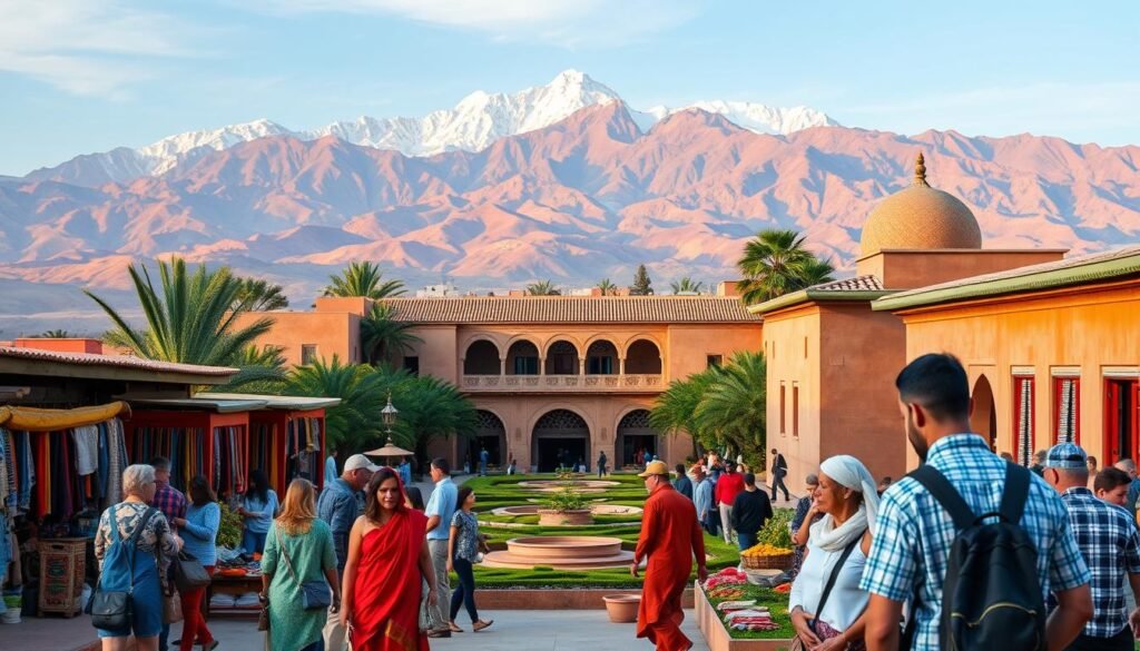 A breathtaking Morocco tour showcasing the nation's vibrant culture and stunning natural landscapes. In the foreground, a group of travelers explore a bustling market, haggling with local vendors over colorful textiles and aromatic spices. The middle ground features a luxurious riad, its intricate Moorish architecture and lush courtyard garden inviting relaxation. In the background, the majestic Atlas Mountains rise, their snow-capped peaks bathed in warm, golden light. The scene evokes a sense of adventure, comfort, and discovery, capturing the essence of an immersive Moroccan journey with all-inclusive accommodations, delectable cuisine, and seamless transportation.