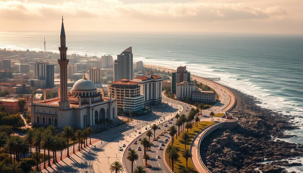A breathtaking cityscape of Casablanca, Morocco's dynamic commercial hub. In the foreground, the iconic Hassan II Mosque stands tall, its intricate architecture and grand minaret casting a majestic presence. Middle ground features the bustling Corniche promenade, lined with palm trees and modern high-rises reflecting the city's blend of old and new. The background showcases the Atlantic Ocean, its waves crashing against the rocky shoreline, creating a serene and tranquil atmosphere. Warm, golden sunlight filters through wispy clouds, illuminating the scene with a warm, inviting glow. Captured with a wide-angle lens to convey the grandeur and scale of this must-see Moroccan destination.