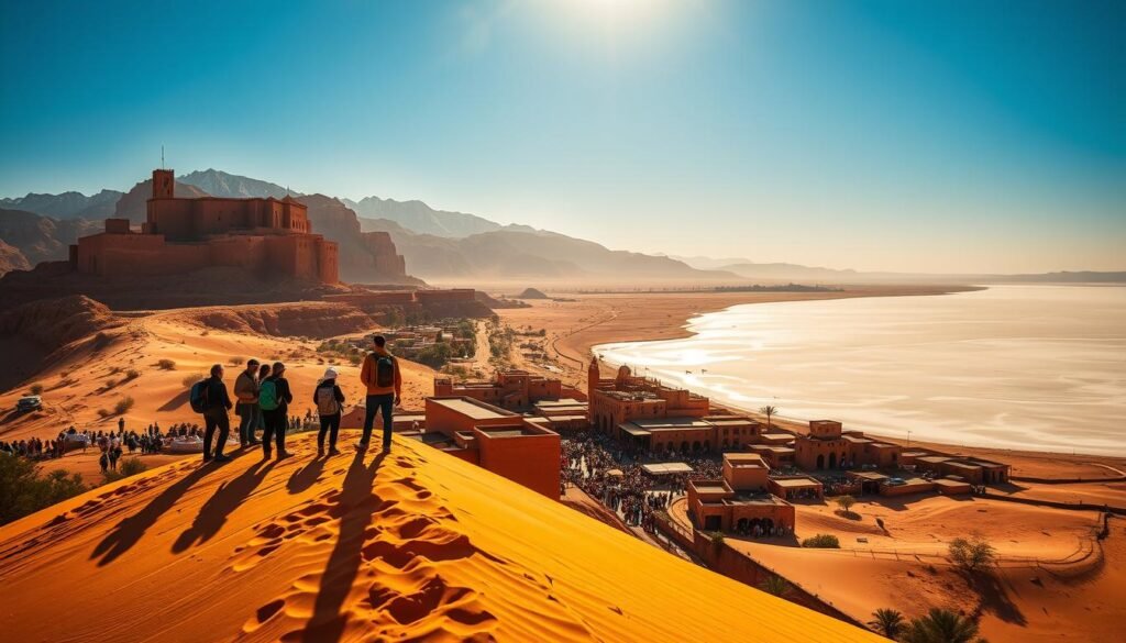A breathtaking panorama of Morocco's must-see destinations, captured under the warm glow of the desert sun. In the foreground, a group of adventurous travelers stands atop a towering sand dune, marveling at the stunning vista before them - the iconic Ait Benhaddou kasbah, its ochre-hued walls rising majestically against a backdrop of rugged, snow-capped Atlas mountains. In the middle ground, a bustling souq in Marrakech, its winding alleyways filled with the vibrant colors and exotic aromas of spices, textiles, and handcrafted goods. In the distance, the serene waters of the Saharan salt flats, reflecting the golden hues of the endless horizon. This image evokes the spirit of adventure, cultural immersion, and the breathtaking natural beauty that makes Morocco a must-visit destination.