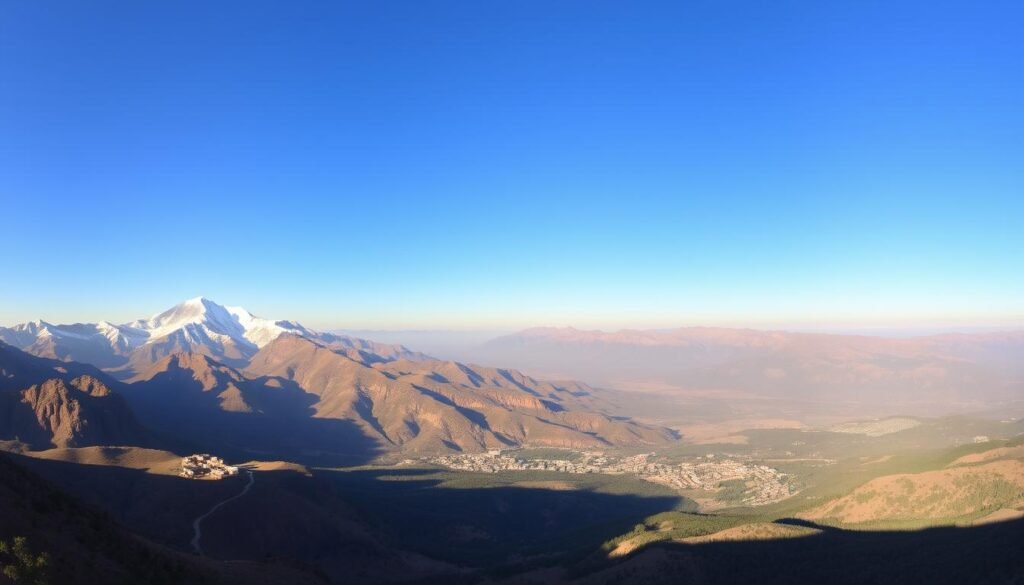 A breathtaking panorama of the majestic Atlas Mountains, rising majestically against a clear, azure sky. In the foreground, rugged, snow-capped peaks dominate the landscape, their rocky slopes carved with ancient trails leading to hidden valleys. The middle ground features lush, verdant forests, interspersed with traditional Berber villages, their earthen-hued buildings blending seamlessly into the natural surroundings. In the distance, the mountains fade into a hazy, purple-tinged horizon, creating a sense of depth and scale. The lighting is soft and diffused, lending a warm, golden glow to the scene, capturing the essence of Morocco's stunning natural beauty.