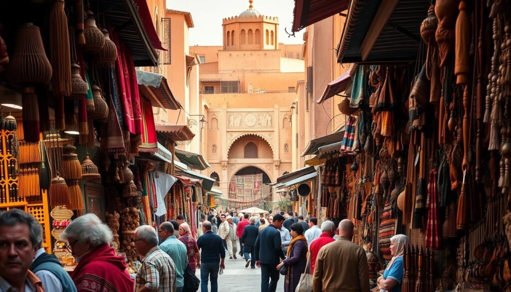 A bustling Marrakech souk, with vibrant stalls showcasing an array of handcrafted wares. In the foreground, merchants haggle with customers, their voices mingling with the aroma of spices and the jingle of traditional Berber jewelry. The middle ground reveals a maze of narrow alleyways, lined with colorful fabrics, intricately carved wooden trinkets, and plush Moroccan rugs. In the background, the iconic architecture of the city rises, with its ornate archways and distinctive clay-colored buildings bathed in warm, golden light. The scene exudes an atmosphere of cultural richness, timeless tradition, and the thrill of discovery, inviting the viewer to immerse themselves in the enchanting experience of shopping in the Marrakech souks.
