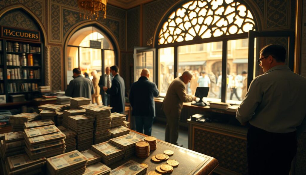 A bustling Moroccan currency exchange office, bathed in warm, golden light. On the counter, stacks of colorful dirham notes and coins are arranged meticulously. The room is adorned with traditional Moroccan tiles and intricate patterns, conveying a sense of cultural authenticity. In the background, a large, ornate window overlooks the bustling street outside, providing a glimpse of the vibrant city life. The atmosphere is one of efficiency and attention to detail, reflecting the importance of managing money and currency in Morocco. The scene is captured with a wide-angle lens, creating a sense of depth and immersion.
