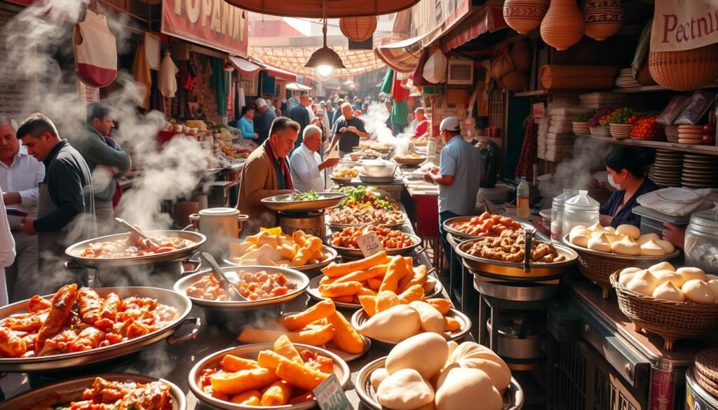 A bustling Moroccan market, bathed in warm sunlight, showcases an array of must-try street food delights. In the foreground, steaming tagines, savory kebabs, and flaky pastries beckon, their aromas wafting through the air. In the middle ground, vendors skillfully prepare fresh batches of sizzling msemmen, fluffy brioche, and sweet mint tea. The background is a vibrant tapestry of colorful produce, spice stalls, and lively crowds of locals and travelers. Capture the sights, sounds, and tantalizing flavors of this culinary adventure with a wide-angle lens, highlighting the energetic atmosphere and mouthwatering variety of Morocco's iconic street food scene.