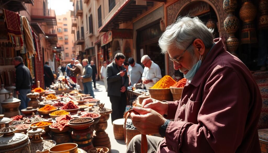 A bustling Moroccan market square, sunlight streaming in from above. In the foreground, a skilled artisan expertly crafts a delicate leather good, their weathered hands moving with practiced precision. Surrounding them, a colorful array of handwoven rugs, intricate metalwork, and vibrant spice displays - the fruits of other local artisans' labors. In the middle ground, customers examine the wares, haggling good-naturedly with the merchants. The background is a maze of narrow alleys, shop facades adorned with ornate tilework. An atmosphere of authentic cultural exchange, where the direct connection between maker and buyer is palpable.