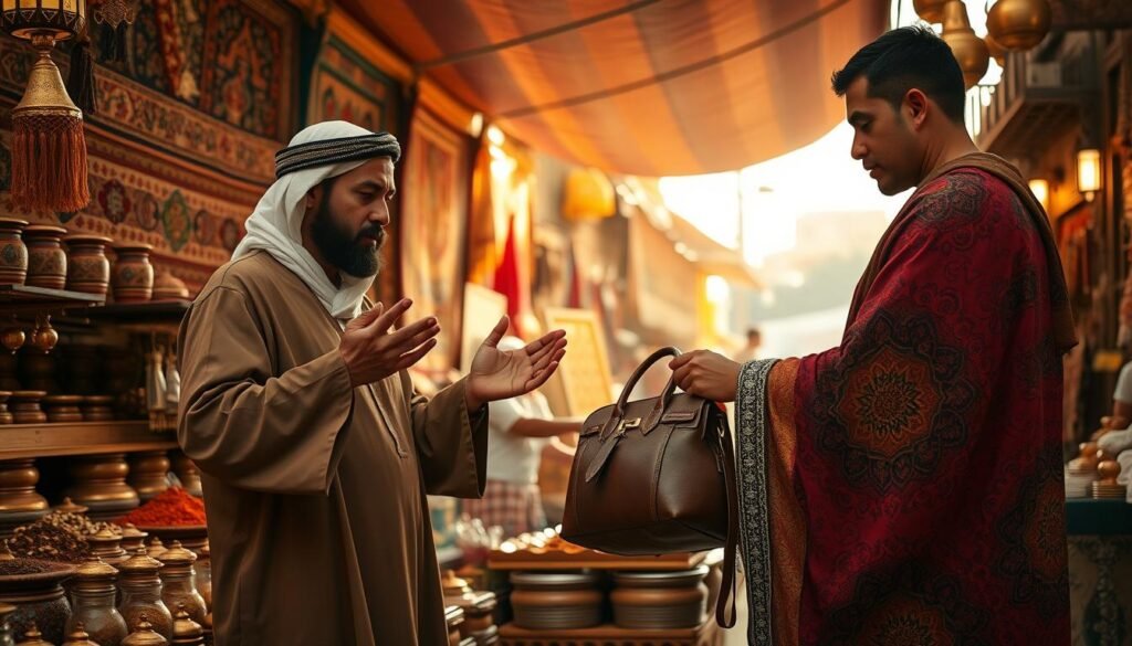 A bustling Moroccan market stall, with a merchant and customer engaged in an animated bargaining session. The merchant, clad in traditional djellaba robes, gestures emphatically as the customer, dressed in a vibrant kaftan, leans in, carefully examining a handcrafted leather bag. Intricate tapestries, spices, and brass trinkets fill the stall's background, creating a rich, textured scene. Warm, golden lighting filters through the market's awning, casting a glowing, atmospheric mood. The dynamic interaction between the two figures, set against the vibrant, culturally authentic backdrop, encapsulates the essence of a lively Moroccan market bargaining exchange.