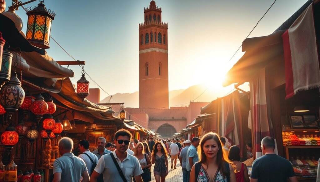 A bustling Moroccan marketplace comes to life, with vibrant stalls selling ornate lanterns, colorful rugs, and fragrant spices. In the foreground, a group of tourists browse the wares, their faces alight with wonder. The mid-ground features a towering minaret, its intricate architecture casting long shadows across the scene. In the background, the sun casts a warm, golden glow, illuminating the distant Atlas Mountains. The atmosphere is one of exploration and discovery, inviting the viewer to immerse themselves in the sights, sounds, and flavors of Morocco's rich cultural heritage.