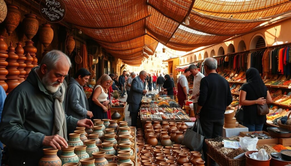 A bustling Moroccan marketplace, sunlight filtering through intricately woven roofs, illuminating the rich tapestry of colors and textures. In the foreground, a merchant carefully arranges handcrafted pottery, each piece a unique work of art. Shoppers browse, their faces alight with a sense of discovery, as they reverently handle the items, considering their stories and the hands that shaped them. The middle ground reveals stalls brimming with vibrant textiles, spices, and leatherwork - a symphony of sights, sounds, and aromas that captivate the senses. In the distance, glimpses of the city's ancient architecture frame the scene, evoking a timeless connection between tradition and modern life. The atmosphere is one of mindful deliberation, where every purchase holds the potential for a meaningful exchange.