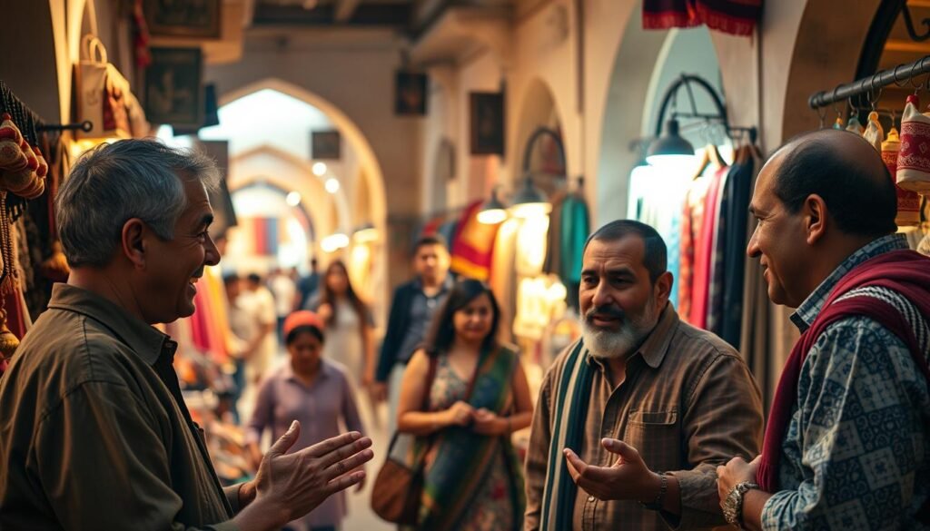 A bustling Moroccan marketplace unfolds, filled with vibrant colors and animated bargaining. In the foreground, two merchants engage in a respectful negotiation, their gestures and expressions conveying an air of mutual understanding. Soft, warm lighting filters through the winding alleys, casting a golden glow on the scene. In the middle ground, shoppers browse an array of handcrafted goods, their faces alight with the thrill of the hunt. The background reveals the architectural charm of the medina, with its intricate archways and vibrant textiles hanging from the stalls. This image captures the essence of the bargaining experience in Moroccan markets, where tradition, respect, and the art of compromise converge.