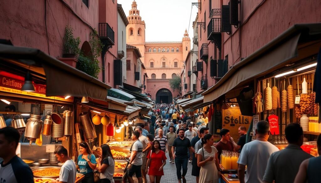 A bustling Moroccan marketplace, vibrant with the colors and aromas of traditional street food stalls. In the foreground, a row of brightly lit stalls serve up delectable tagines, skewers, and freshly squeezed juices, their owners beckoning passersby with warm smiles. The middle ground is alive with the hustle and bustle of locals and tourists alike, navigating the narrow alleys and sampling the diverse culinary offerings. In the background, the iconic architecture of Marrakech rises, its ornate details bathed in the soft, golden glow of the setting sun, creating an inviting and authentically Moroccan atmosphere. The lighting is natural and softly diffused, capturing the essence of a safe, enjoyable, and delicious culinary adventure.