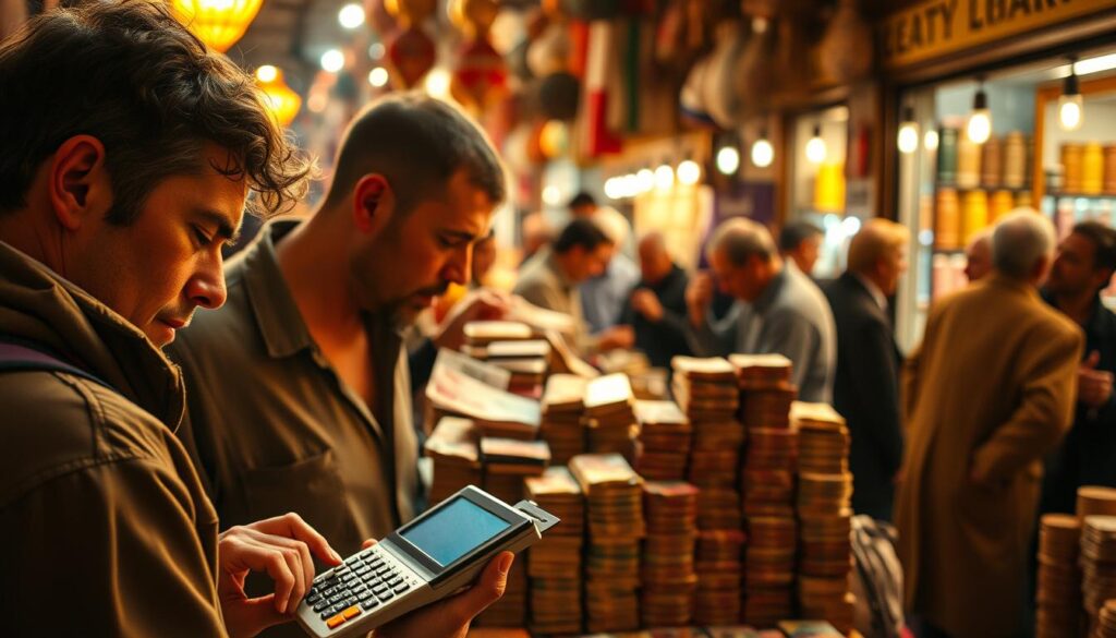 A bustling Moroccan marketplace, with vendors haggling over exchange rates and hidden fees. In the foreground, a tourist scrutinizing a calculator, brow furrowed in concentration, as they navigate the complex web of local currency. In the middle ground, a vibrant display of colorful dirham notes, each denomination meticulously stacked and sorted. The background is a blur of activity, with shopkeepers gesticulating and customers negotiating, creating a sense of the chaotic yet captivating Moroccan financial landscape. Warm, golden lighting casts a hazy glow over the scene, evoking the sights and sounds of a bustling Marrakech souk.