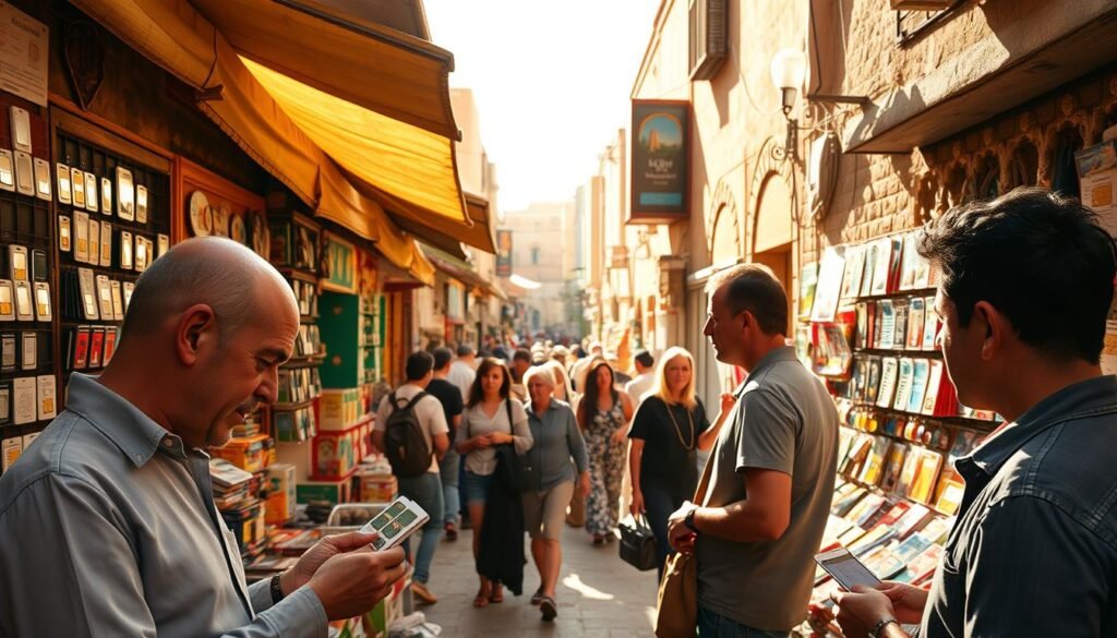 A bustling Moroccan marketplace, with vendors selling an array of vibrant SIM cards and mobile accessories. Warm sunlight filters through the canvas awnings, casting a golden glow over the scene. In the foreground, a customer examines a selection of SIM cards, carefully choosing the best option for their travels. Shopkeepers eagerly assist, guiding them through the process. In the middle ground, other tourists browse the stalls, searching for the perfect SIM to stay connected. The background is a maze of narrow alleys, filled with the sounds of haggling and the aroma of spices. The overall atmosphere is one of cultural immersion and the excitement of discovering a new destination. A bustling Moroccan marketplace, with vendors selling an array of vibrant SIM cards and mobile accessories. Warm sunlight filters through the canvas awnings, casting a golden glow over the scene. In the foreground, a customer examines a selection of SIM cards, carefully choosing the best option for their travels. Shopkeepers eagerly assist, guiding them through the process. In the middle ground, other tourists browse the stalls, searching for the perfect SIM to stay connected. The background is a maze of narrow alleys, filled with the sounds of haggling and the aroma of spices. The overall atmosphere is one of cultural immersion and the excitement of discovering a new destination.