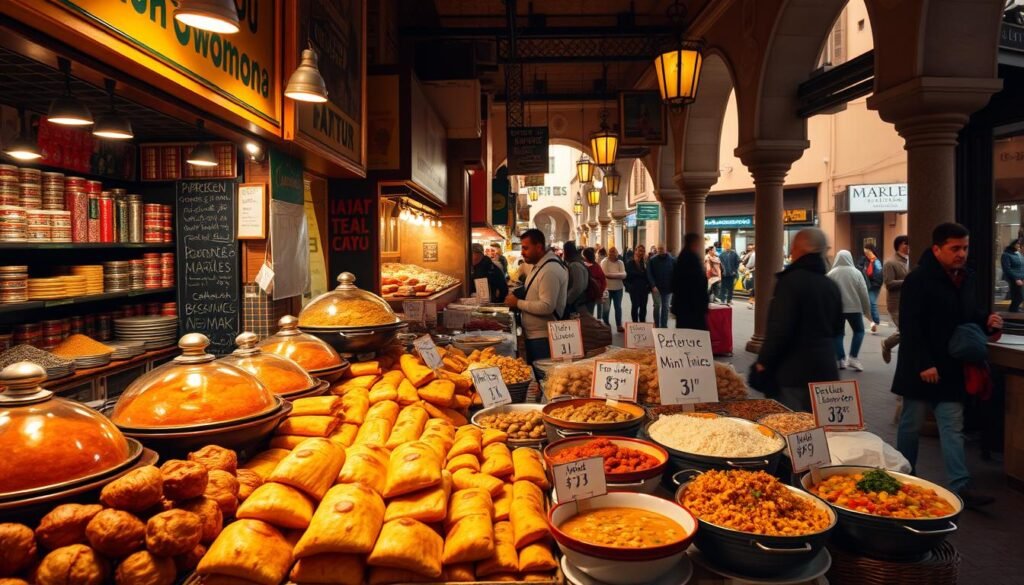A bustling Moroccan marketplace with vibrant spice stalls and vendors selling steaming tagines, aromatic mint tea, and freshly baked flatbreads. In the foreground, a display of affordable lunch options - savory pastries, hearty soups, and fragrant rice dishes, all priced under $3. Warm, golden lighting illuminates the scene, casting a cozy, inviting atmosphere. The middle ground features customers perusing the offerings, while in the background, glimpses of the city's iconic architecture and lively street life can be seen. The overall composition conveys the delectable and budget-friendly nature of Moroccan cuisine.