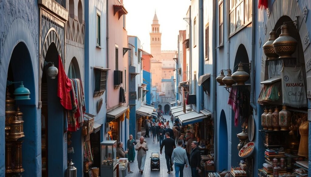 A bustling Moroccan medina, narrow alleyways winding through a labyrinth of blue-hued buildings. Sunlight filters through the archways, casting warm, golden shadows across the cobblestoned streets. Vendors spill out of their tiny shops, offering an array of vibrant textiles, ornate metalwork, and fragrant spices. The air is alive with the sounds of haggling, the aroma of freshly brewed mint tea, and the chatter of locals and tourists alike. In the distance, the iconic minaret of a historic mosque stands tall, a symbol of the city's deep-rooted traditions. This is the heart of Fes, a captivating blend of ancient and modern, where the past and present coexist in perfect harmony.