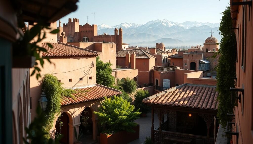 A bustling Moroccan medina, with a labyrinth of narrow alleys and vibrant souks. In the foreground, a quaint riad-style inn, its terracotta-tiled rooftop and intricate arched doorways inviting weary travelers. Midground, a cozy guesthouse with a sun-dappled courtyard, lush greenery, and colorful tiled accents. In the background, the iconic Atlas Mountains rise, their snow-capped peaks casting a serene backdrop. Soft, warm lighting filters through, creating a cozy, authentic atmosphere. A wide-angle lens captures the charming, budget-friendly accommodations that define the Moroccan hospitality experience.