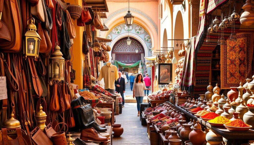 A bustling Moroccan souk filled with an array of authentic products. In the foreground, handcrafted leather goods, brass lanterns, and intricately woven rugs. In the middle ground, vibrant spice displays and stalls selling traditional pottery. The background features the warm, sun-drenched architecture, with archways and intricate tilework. The lighting is natural, casting soft shadows and highlighting the rich colors and textures. A sense of energy and local craftsmanship pervades the scene, inviting the viewer to immerse themselves in the sights, sounds, and aromas of genuine Moroccan wares, distinct from any mass-produced imitations.