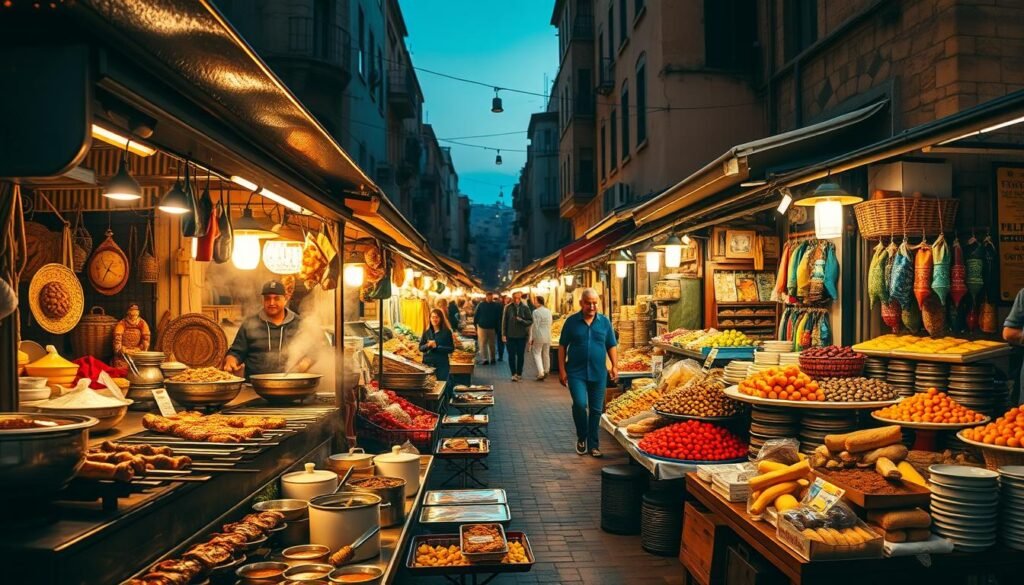 A bustling Moroccan street at dusk, lined with vibrant food stalls and vendors selling an array of tantalizing dishes. In the foreground, sizzling kebabs and steaming tagines emit mouthwatering aromas, drawing in passersby. The middle ground features stalls piled high with fragrant spices, fresh produce, and an assortment of baked goods, each stall a kaleidoscope of colors. In the background, the narrow streets are dotted with merchants and locals, creating a lively, immersive atmosphere. Warm, golden lighting illuminates the scene, casting a cozy glow and evoking the rich, inviting ambiance of a Moroccan street food experience.
