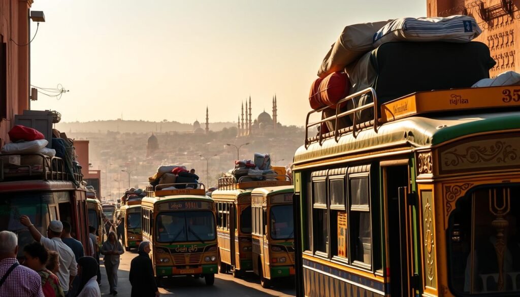 A bustling Moroccan street, bathed in warm sunlight, with a fleet of colorful local buses navigating the narrow roads. In the foreground, passengers board and disembark, their luggage and supplies stacked atop the buses. The midground features the distinct silhouettes of the bus models, their ornate designs and vibrant paint jobs capturing the essence of Moroccan public transportation. In the background, a panoramic view of the city skyline, with the iconic minarets and domes of mosques punctuating the horizon. The scene exudes a sense of movement, energy, and the cultural richness of exploring Morocco by bus.