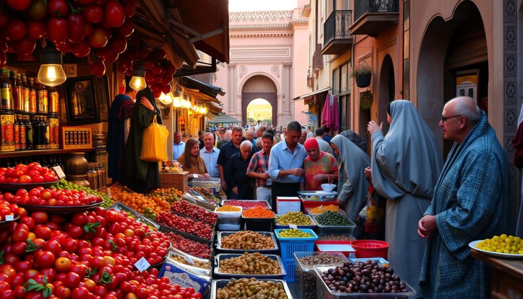 A bustling Moroccan street market, filled with vibrant colors and tantalizing aromas. In the foreground, stalls overflow with an array of fresh produce - ripe tomatoes, fragrant spices, and plump olives glistening in the warm afternoon sun. Vendors in traditional djellaba robes enthusiastically invite passersby to sample their wares. In the middle ground, the narrow streets teem with locals and tourists alike, navigating the lively crowd, their senses captivated by the sights, sounds, and scents that permeate the air. In the distance, the iconic architecture of Marrakech's old city, with its ornate doorways and intricate tile work, creates a stunning backdrop, bathed in the golden glow of the setting sun. A scene that captures the vibrant spirit and mouthwatering delights of Moroccan street food and markets. A bustling Moroccan street market, filled with vibrant colors and tantalizing aromas. In the foreground, stalls overflow with an array of fresh produce - ripe tomatoes, fragrant spices, and plump olives glistening in the warm afternoon sun. Vendors in traditional djellaba robes enthusiastically invite passersby to sample their wares. In the middle ground, the narrow streets teem with locals and tourists alike, navigating the lively crowd, their senses captivated by the sights, sounds, and scents that permeate the air. In the distance, the iconic architecture of Marrakech's old city, with its ornate doorways and intricate tile work, creates a stunning backdrop, bathed in the golden glow of the setting sun. A scene that captures the vibrant spirit and mouthwatering delights of Moroccan street food and markets.