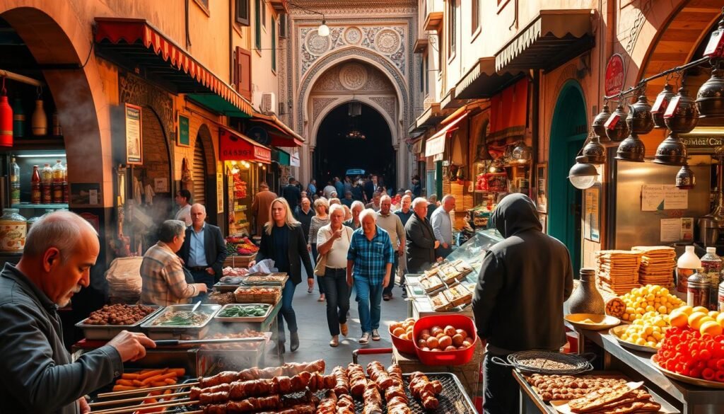 A bustling Moroccan street market, overflowing with vibrant colors and tantalizing aromas. In the foreground, a vendor skillfully grills meat skewers, their savory scent wafting through the air. Surrounding them, an array of stalls offer fresh produce, spices, and traditional pastries. In the middle ground, locals and tourists alike navigate the maze of narrow passages, immersed in the lively atmosphere. In the background, the iconic architecture of Marrakech's old medina frames the scene, with its ornate doorways and intricate tilework. Warm, golden sunlight bathes the entire setting, creating a captivating and authentic Moroccan street food experience.