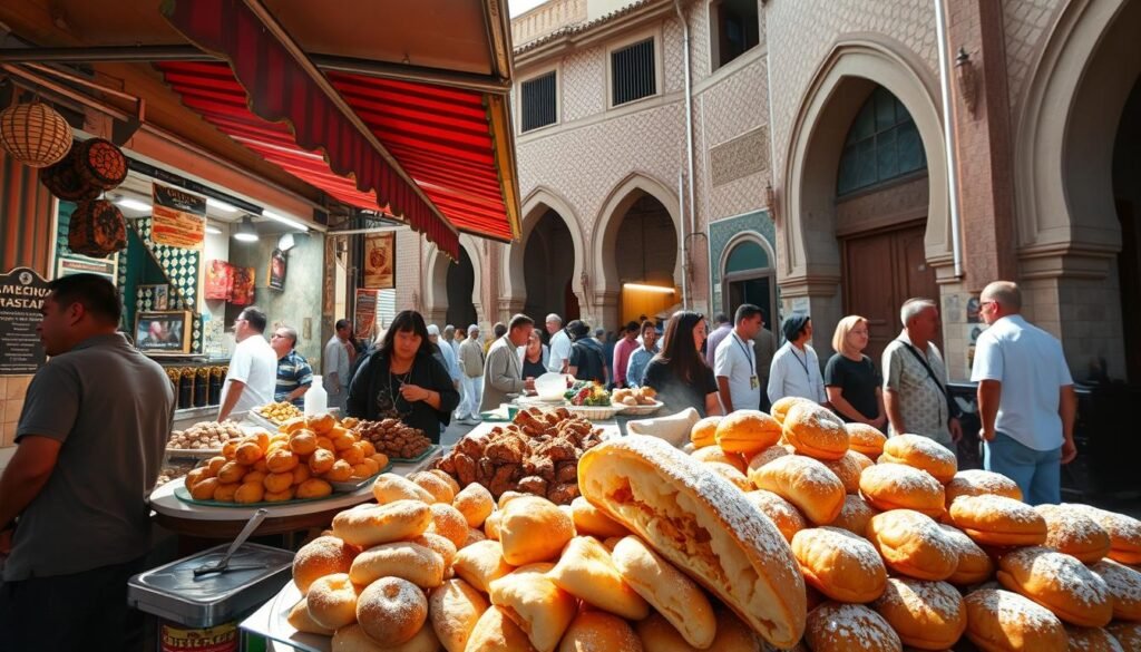 A bustling Moroccan street market, sunlight filtering through the colorful awnings, stalls bursting with affordable street snacks - fluffy breads stuffed with savory fillings, sizzling kebabs, fragrant spices, and sweet pastries dusted with powdered sugar. In the foreground, a vendor offering a variety of bite-sized treats, their rich aromas wafting through the air. The middle ground shows locals and tourists alike browsing the stalls, absorbed in the vibrant atmosphere. In the background, the iconic architecture of Moroccan buildings, their intricate tilework and ornate doorways setting the scene. A wide-angle lens captures the lively, immersive experience of this affordable Moroccan street food paradise.