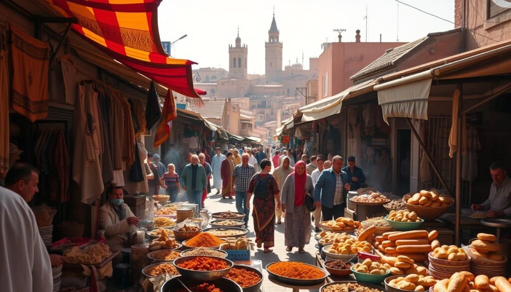A bustling Moroccan street market, sunlight filtering through vibrant fabric canopies. In the foreground, an array of aromatic spices, sizzling tagines, and freshly baked breads tempt passersby. Vendors in colorful djellabas call out, beckoning customers to taste the flavors of Moroccan cuisine. In the middle ground, a mix of locals and tourists browse stalls, haggling over handcrafted wares. The background features a maze of narrow alleyways, tiled rooftops, and towering minarets, capturing the essence of a traditional Moroccan medina. The scene is bathed in warm, golden tones, evoking a sense of timeless charm and culinary adventure.