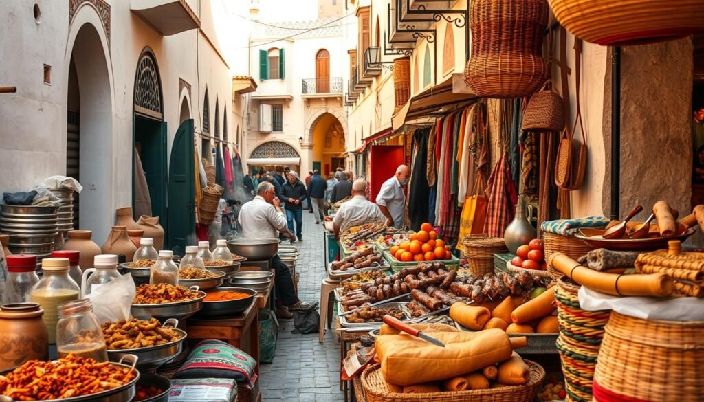 A bustling Moroccan street market, vibrant with the sights and smells of traditional fare. In the foreground, a vendor's stall overflows with steaming tagines, fragrant spices, and skewers of sizzling meat. Colorful textiles and woven baskets line the middle ground, creating a rich, textural backdrop. In the distance, narrow alleyways wind between whitewashed buildings, their ornate archways and intricate tilework bathed in warm, golden light. The atmosphere is lively and authentic, inviting the viewer to immerse themselves in the authentic flavors and culture of Morocco's celebrated street food scene.