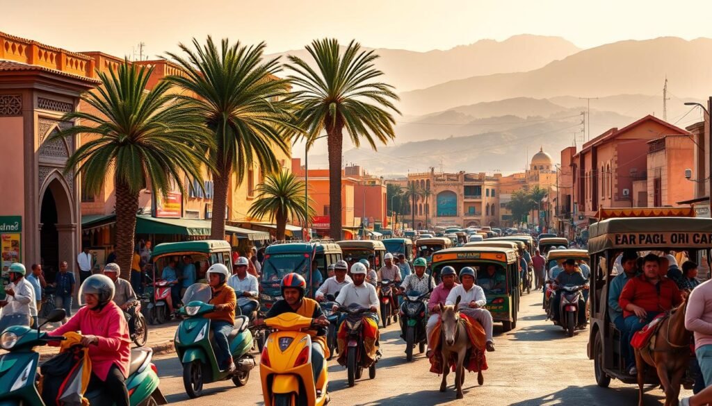 A bustling Moroccan street scene, captured in vibrant hues. In the foreground, a vibrant mix of traditional modes of transportation - colorful mopeds, donkey-drawn carts, and crowded shared taxis weave through the lively market. The middle ground features towering palm trees and ornate buildings, their facades adorned with intricate Moorish patterns. In the distance, the iconic Atlas Mountains rise, their rugged peaks casting long shadows across the scene. Warm, natural lighting bathes the entire composition, creating a sense of warmth and adventure. The overall atmosphere conveys the dynamism and cost-effective options available for navigating Morocco's unique landscapes.