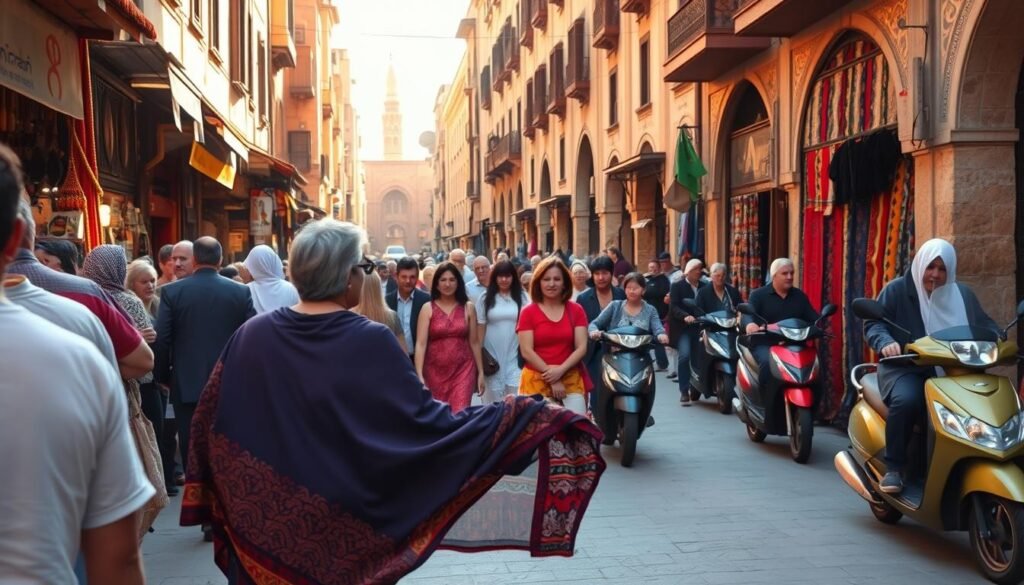 A bustling Moroccan street scene, captured in warm, golden afternoon light. In the foreground, a local woman navigates a crowded market, her colorful djellaba flowing gracefully as she weaves through the throngs of people and vendors. In the middle ground, a small tour group follows a guide, their eyes eagerly scanning the ornate architecture and vibrant textiles that line the narrow alleyways. In the background, the silhouettes of camels and mopeds suggest the unique modes of transportation that characterize Moroccan travel. The overall atmosphere conveys a sense of cultural immersion, with a focus on the nuances of getting around safely and efficiently in this dynamic, historic setting.