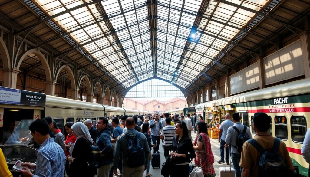 A bustling Moroccan train station, sunlight streaming through the glass roof illuminating the scene. In the foreground, a group of travelers stand in line at the ticket counter, scrutinizing timetables and exchanging local currency. In the middle ground, passengers navigate the concourse, pulling luggage and directing each other towards the correct platforms. The background is a hive of activity, with vendors hawking local snacks and porters assisting with heavy bags. The overall atmosphere is one of anticipation and movement, capturing the essence of the public transport experience in Morocco.