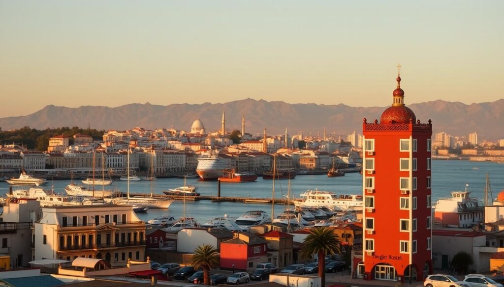 A bustling Tangier port city vista, captured at golden hour. In the foreground, the vibrant Tangier Hostel stands tall, its Moroccan-inspired architecture and colorful facade drawing the eye. Beyond, the lively harbor teems with activity - fishing boats, cargo ships, and ferries shuttling passengers to and fro. In the middle ground, the iconic Tangier skyline rises, a patchwork of whitewashed buildings and minarets silhouetted against a glowing sunset sky. In the distance, the rugged Rif Mountains stretch across the horizon, their peaks dusted with a warm glow. The scene exudes an energetic, adventurous atmosphere, inviting the viewer to experience the gateway to Europe that is Tangier. A bustling Tangier port city vista, captured at golden hour. In the foreground, the vibrant Tangier Hostel stands tall, its Moroccan-inspired architecture and colorful facade drawing the eye. Beyond, the lively harbor teems with activity - fishing boats, cargo ships, and ferries shuttling passengers to and fro. In the middle ground, the iconic Tangier skyline rises, a patchwork of whitewashed buildings and minarets silhouetted against a glowing sunset sky. In the distance, the rugged Rif Mountains stretch across the horizon, their peaks dusted with a warm glow. The scene exudes an energetic, adventurous atmosphere, inviting the viewer to experience the gateway to Europe that is Tangier.