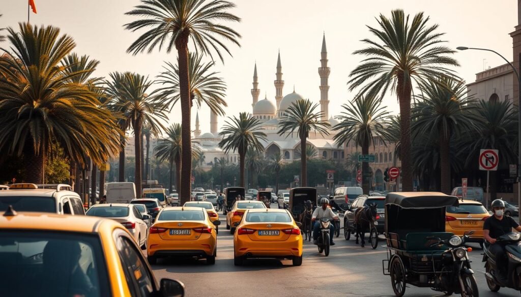 A bustling city street in Casablanca, Morocco, captured with a wide-angle lens. The foreground features a mix of traditional and modern transportation - taxis, motorbikes, and horse-drawn carriages navigating the chaotic traffic. In the middle ground, towering palm trees sway gently, casting dappled shadows on the scene. The background is dominated by the iconic architecture of the city, with the distinctive white buildings and mosques in the distance, bathed in warm, golden light. The atmosphere is one of energy and vibrant activity, reflecting the dynamic nature of getting around Casablanca.
