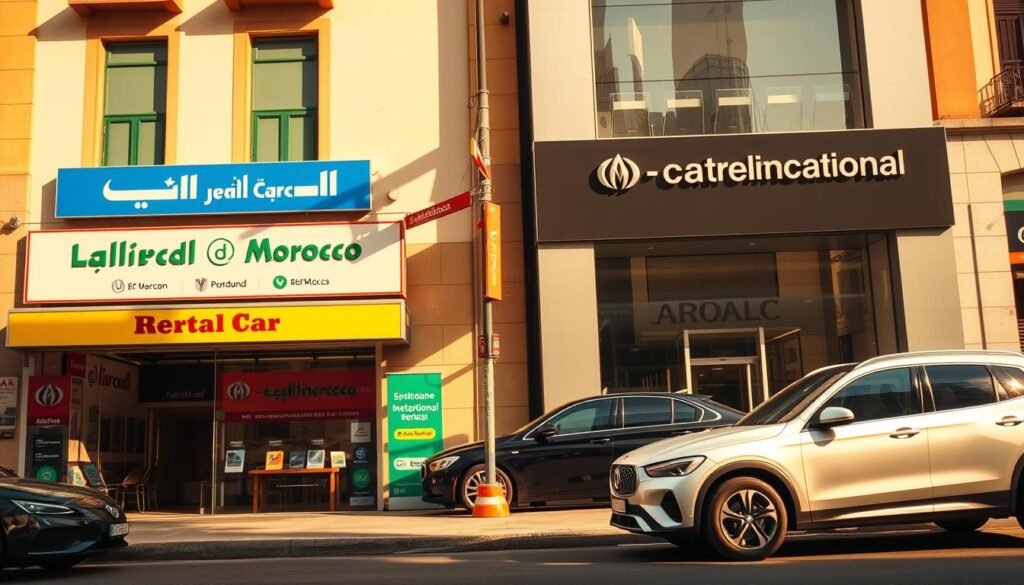 A bustling city street, with two prominent rental car company storefronts side-by-side. One is a local Moroccan brand, with a traditional facade and a display of cars out front. The other is an international chain, with a sleek, modern design and a range of luxury vehicles. The contrast between the two creates a visual representation of the differences in scale, reputation, and offerings between local and global rental providers. Sunlight filters in, casting warm tones and long shadows across the scene, evoking the vibrant atmosphere of a Moroccan urban landscape. The image captures the essence of the topic, allowing the viewer to intuitively grasp the key considerations when choosing between a local or international rental option.