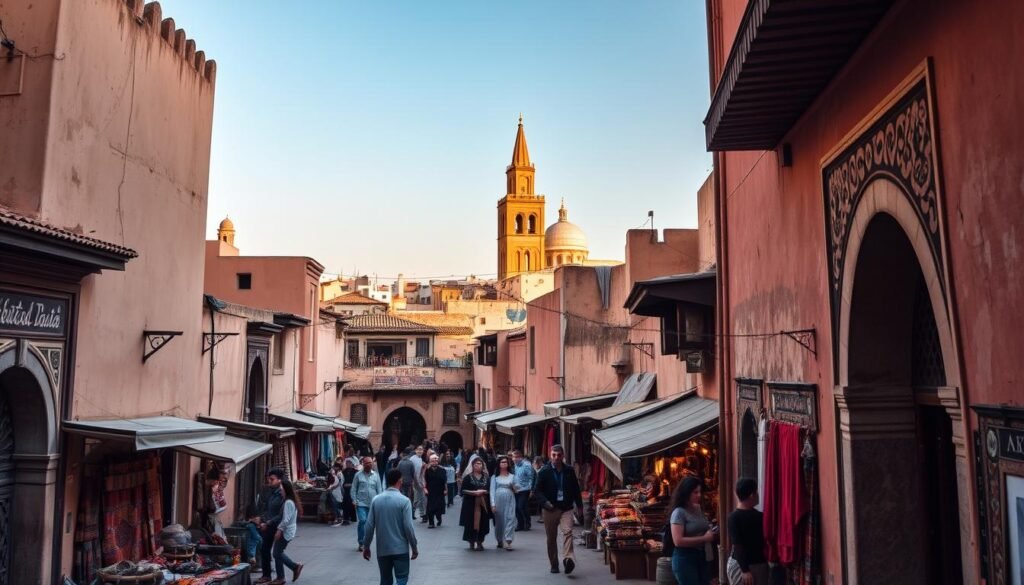 A bustling cultural hub in the heart of Morocco, the historic city of Fez beckons with its winding alleyways, vibrant souks, and timeless architectural wonders. Capture the essence of this captivating destination with a wide-angle lens, showcasing the iconic medina's intricate facades, ornate doorways, and colorful textile stalls in the foreground. In the middle ground, let the rhythmic sounds of traditional music and the chatter of locals fill the air, while in the background, the towering minarets and domes of ancient mosques stand as silent witnesses to the city's rich spiritual heritage. Imbue the scene with a warm, golden glow that evokes the timeless charm and captivating atmosphere of this cultural immersion experience. A bustling cultural hub in the heart of Morocco, the historic city of Fez beckons with its winding alleyways, vibrant souks, and timeless architectural wonders. Capture the essence of this captivating destination with a wide-angle lens, showcasing the iconic medina's intricate facades, ornate doorways, and colorful textile stalls in the foreground. In the middle ground, let the rhythmic sounds of traditional music and the chatter of locals fill the air, while in the background, the towering minarets and domes of ancient mosques stand as silent witnesses to the city's rich spiritual heritage. Imbue the scene with a warm, golden glow that evokes the timeless charm and captivating atmosphere of this cultural immersion experience.