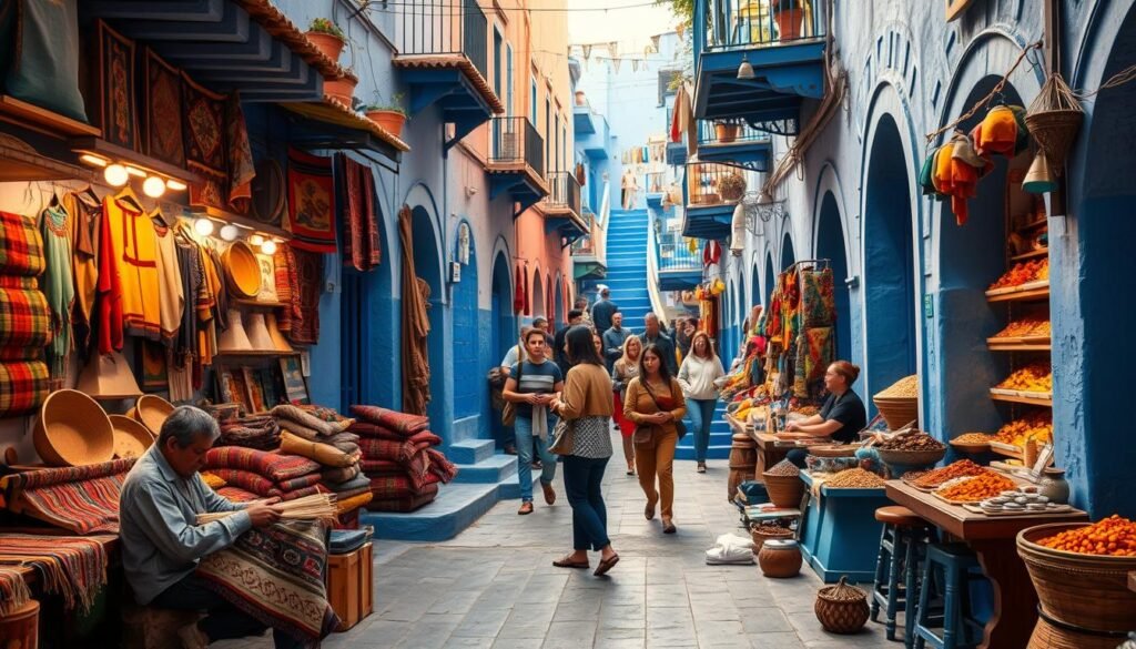 A bustling marketplace in Chefchaouen, Morocco, with vendors selling vibrant local crafts, textiles, and spices. The picturesque narrow streets are bathed in the iconic blue hues, creating a serene and photogenic atmosphere. In the foreground, a local artisan demonstrates the intricate process of weaving traditional Berber rugs. In the middle ground, shoppers browse the lively stalls, exploring the unique offerings. The background features the iconic blue-painted buildings, stairs, and archways that make Chefchaouen the "Blue Pearl" of Morocco. The scene is captured with a wide-angle lens, highlighting the depth and scale of this charming medina. Warm, soft lighting accentuates the rich colors and textures, inviting the viewer to immerse themselves in the vibrant cultural experience.