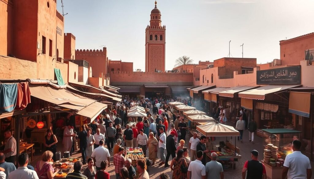 A bustling open-air marketplace in the heart of Marrakech's ancient medina, Jemaa el-Fnaa is a sensory explosion. Capture the vibrant energy of this iconic square, with its labyrinth of stalls and food vendors, acrobats, snake charmers, and storytellers. Envision the scene through a wide-angle lens, showcasing the dramatic ochre facades and the iconic Koutoubia Mosque minaret in the background. Bathe the scene in warm, golden light, casting long shadows and creating a sense of timeless, atmospheric wonder. Convey the chaos and liveliness of this cultural epicenter, where the sounds of haggling, music, and laughter mingle in the air, inviting the viewer to immerse themselves in the captivating heart of Marrakech. A bustling open-air marketplace in the heart of Marrakech's ancient medina, Jemaa el-Fnaa is a sensory explosion. Capture the vibrant energy of this iconic square, with its labyrinth of stalls and food vendors, acrobats, snake charmers, and storytellers. Envision the scene through a wide-angle lens, showcasing the dramatic ochre facades and the iconic Koutoubia Mosque minaret in the background. Bathe the scene in warm, golden light, casting long shadows and creating a sense of timeless, atmospheric wonder. Convey the chaos and liveliness of this cultural epicenter, where the sounds of haggling, music, and laughter mingle in the air, inviting the viewer to immerse themselves in the captivating heart of Marrakech.