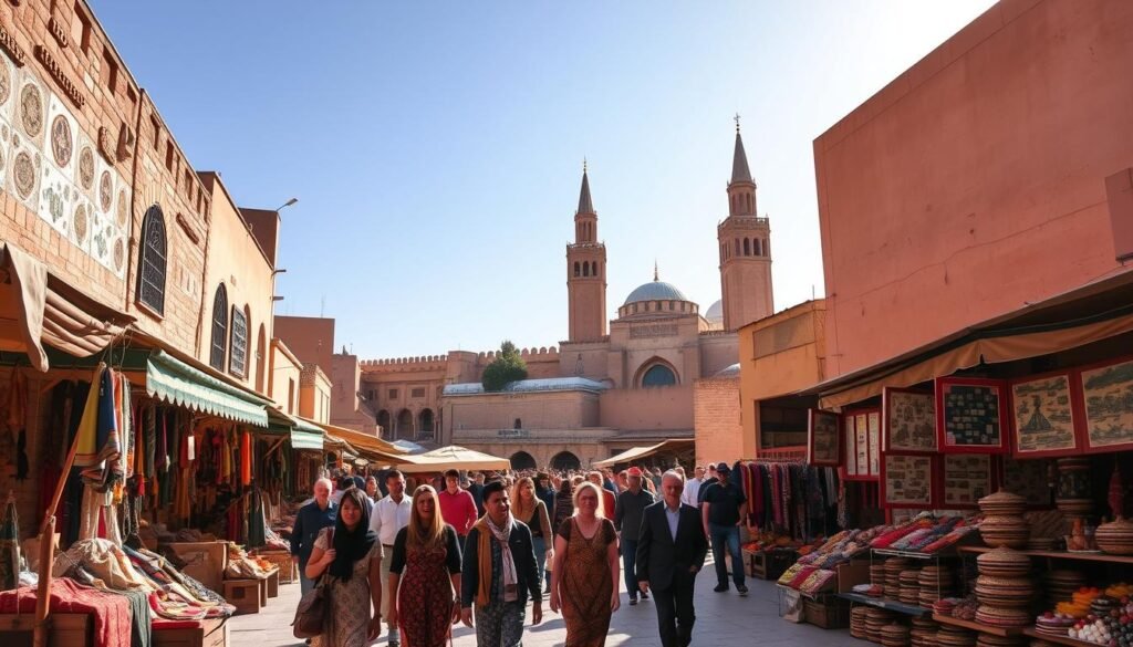A bustling square in the heart of Fes, Morocco, bathed in warm, golden light. In the foreground, a group of local guides lead a small tour group through the labyrinthine alleyways, their colorful traditional garments contrasting with the earthy tones of the surrounding architecture. In the middle ground, merchants hawk their wares from stalls overflowing with vibrant fabrics, intricate metalwork, and fragrant spices. In the background, the towering minarets of historic mosques rise against a cloudless azure sky, hinting at the rich spiritual heritage of this ancient city. The scene conveys a sense of adventure, cultural immersion, and the promise of an unforgettable journey through the captivating sights, sounds, and aromas of Morocco. A bustling square in the heart of Fes, Morocco, bathed in warm, golden light. In the foreground, a group of local guides lead a small tour group through the labyrinthine alleyways, their colorful traditional garments contrasting with the earthy tones of the surrounding architecture. In the middle ground, merchants hawk their wares from stalls overflowing with vibrant fabrics, intricate metalwork, and fragrant spices. In the background, the towering minarets of historic mosques rise against a cloudless azure sky, hinting at the rich spiritual heritage of this ancient city. The scene conveys a sense of adventure, cultural immersion, and the promise of an unforgettable journey through the captivating sights, sounds, and aromas of Morocco.