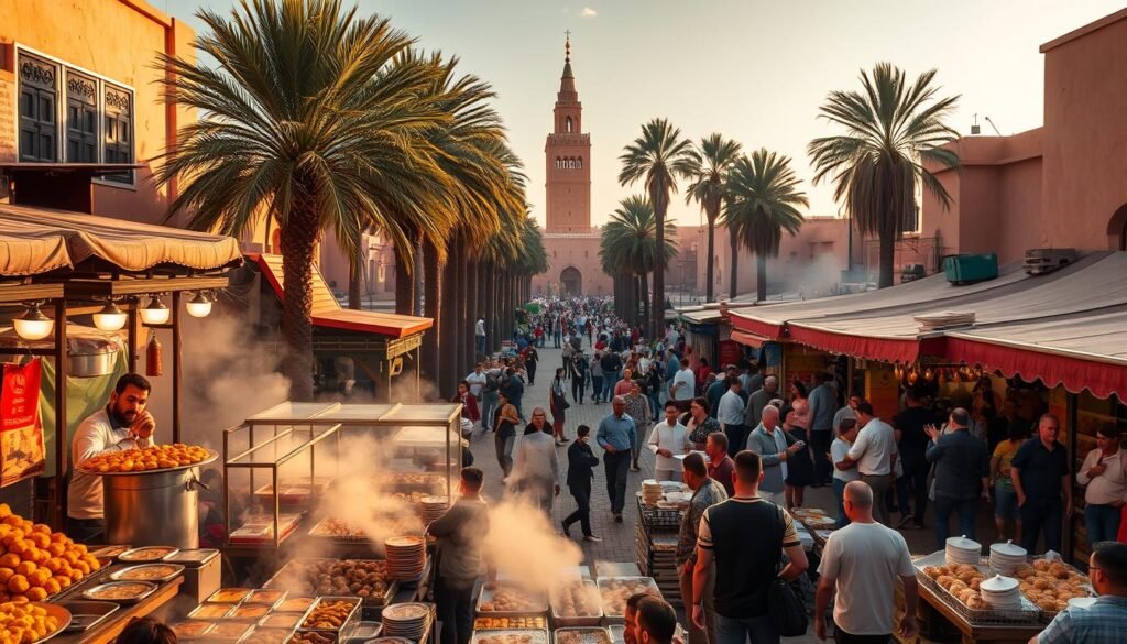 A bustling street food market in Jemaa el-Fna Square, Marrakech. In the foreground, colorful stalls offer a tantalizing array of Moroccan delicacies - sizzling kebabs, fragrant tagines, and flaky pastries. Clouds of spiced smoke swirl around the vendors, who skillfully prepare each dish. In the middle ground, winding paths are crowded with locals and tourists eagerly sampling the mouthwatering fare. Towering palm trees and the iconic minaret of the Koutoubia Mosque rise in the background, casting long shadows across the lively scene. Warm, golden light filters through the haze, creating an atmosphere of vibrant, authentic Moroccan street food culture.
