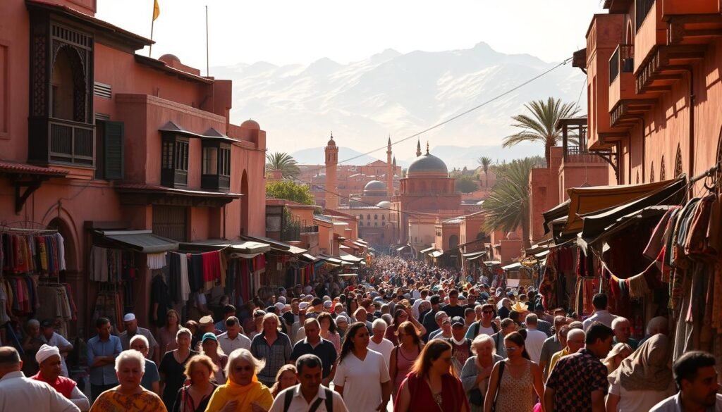 A bustling street in Marrakech, Morocco. In the foreground, a crowd of locals and tourists navigates the busy market, haggling over vibrant textiles and spices. The middle ground features a mix of traditional architecture - ornate riads, mosques with towering minarets, and winding alleyways. Warm, golden sunlight filters through the scene, casting long shadows and creating a lively, energetic atmosphere. In the background, the snow-capped Atlas Mountains rise majestically, providing a stunning natural backdrop. The image conveys the dynamism, culture, and geographic diversity that make getting around Morocco an immersive, memorable experience.