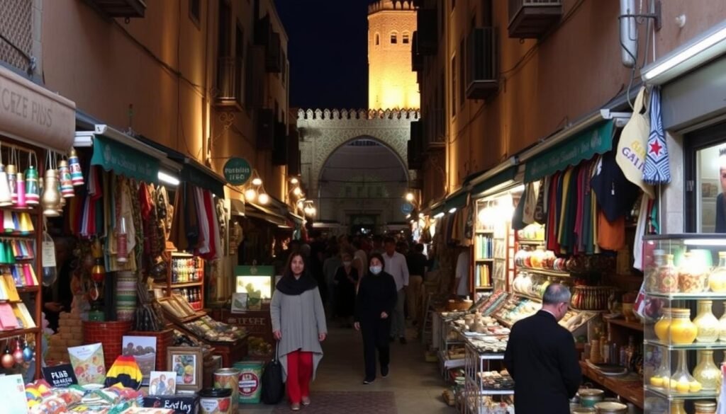 A bustling street in the ancient Fes medina, Morocco. In the foreground, colorful wares and vendors spill out from small shops, creating a vibrant display of local handicrafts. The middle ground is filled with the rhythmic movement of people navigating the narrow alleyways, immersed in the rich cultural tapestry. In the background, the iconic architecture of the medina rises, its intricate patterns and textures illuminated by warm, diffused lighting, evoking a sense of timeless tradition. The scene exudes an atmosphere of cultural immersion, inviting the viewer to explore the vibrant heart of Fes without the high price tag.