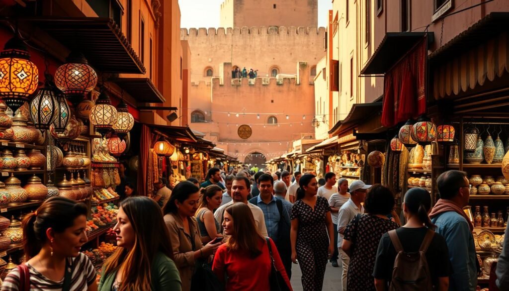 A bustling street market in Marrakech, Morocco, with vibrant stalls showcasing traditional handicrafts, intricate lanterns, and aromatic spices. In the foreground, a group of tourists haggle with local merchants, their expressions animated. The middle ground features a maze of winding alleys, where people navigate through the lively crowd, capturing moments with their cameras. In the background, the towering walls of the historic Medina loom, casting long shadows that create a warm, golden-hued atmosphere. Soft, diffused lighting illuminates the scene, highlighting the rich textures and colors of the Moroccan culture.