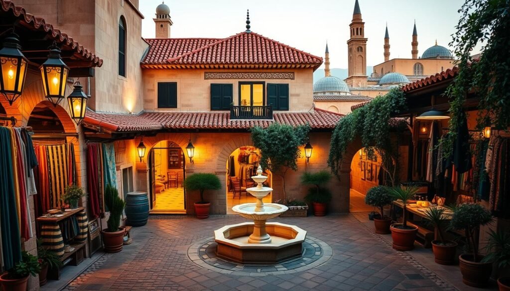 A charming historic hostel nestled within the captivating Fez Medina, its iconic red-tiled roof and ornate arched entryway beckoning travelers to step into the heart of Morocco's rich cultural tapestry. The warm glow of lanterns illuminates the meticulously crafted stone walls and intricate tiled details, evoking a timeless ambiance. In the foreground, a cobblestone path leads visitors through the bustling marketplace, filled with the vibrant colors and enticing aromas of spices, textiles, and artisanal crafts. The middle ground showcases the hostel's inviting courtyard, complete with a ornate central fountain and lush potted plants, creating a serene oasis amidst the lively Medina. The background is dominated by the iconic minarets of historic mosques, their silhouettes etching against the golden hour sky, promising a journey through Morocco's captivating past. A charming historic hostel nestled within the captivating Fez Medina, its iconic red-tiled roof and ornate arched entryway beckoning travelers to step into the heart of Morocco's rich cultural tapestry. The warm glow of lanterns illuminates the meticulously crafted stone walls and intricate tiled details, evoking a timeless ambiance. In the foreground, a cobblestone path leads visitors through the bustling marketplace, filled with the vibrant colors and enticing aromas of spices, textiles, and artisanal crafts. The middle ground showcases the hostel's inviting courtyard, complete with a ornate central fountain and lush potted plants, creating a serene oasis amidst the lively Medina. The background is dominated by the iconic minarets of historic mosques, their silhouettes etching against the golden hour sky, promising a journey through Morocco's captivating past.
