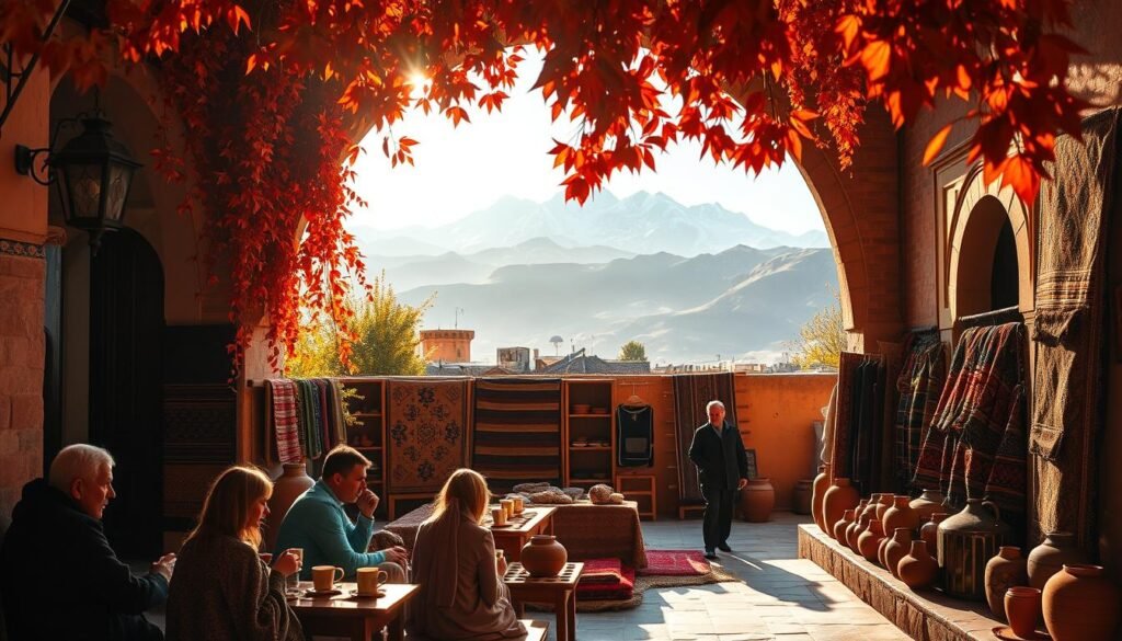 A cozy Moroccan courtyard in autumn, with vibrant orange and red leaves cascading from ornate archways. In the foreground, a group of locals sipping mint tea and chatting animatedly. Middle ground features traditional craftsmen selling handwoven rugs and clay pottery, bathed in warm, golden sunlight. In the background, snow-capped Atlas Mountains loom, creating a serene, cinematic landscape. Soft, diffused lighting and a romantic, nostalgic atmosphere capture the essence of Morocco's cultural richness during the autumn season.