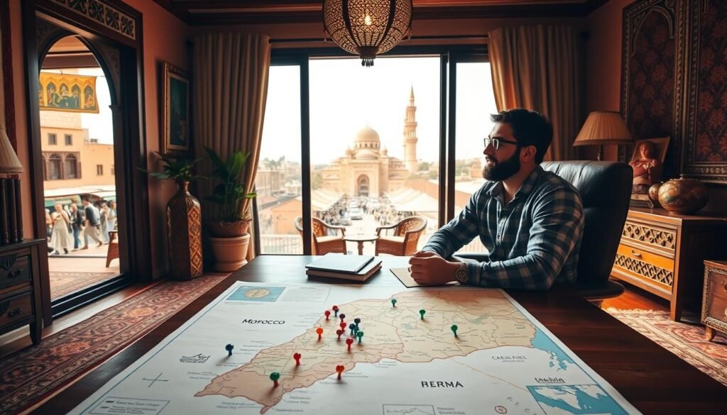 A cozy Moroccan-inspired office interior with a large wooden desk, hand-woven rugs, and an ornate brass lamp. In the foreground, a map of Morocco is spread out, with colored pins and sketches denoting a custom travel itinerary. Behind the desk, a large window overlooks the bustling streets of Marrakech, with the iconic Koutoubia Mosque visible in the distance. Warm, natural lighting filters in, creating a inviting and serene atmosphere. A well-traveled adventurer sits at the desk, carefully planning a unique journey through the country's rich cultural landscapes. A cozy Moroccan-inspired office interior with a large wooden desk, hand-woven rugs, and an ornate brass lamp. In the foreground, a map of Morocco is spread out, with colored pins and sketches denoting a custom travel itinerary. Behind the desk, a large window overlooks the bustling streets of Marrakech, with the iconic Koutoubia Mosque visible in the distance. Warm, natural lighting filters in, creating a inviting and serene atmosphere. A well-traveled adventurer sits at the desk, carefully planning a unique journey through the country's rich cultural landscapes.