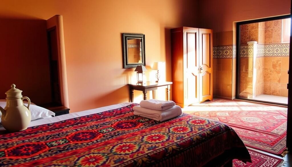 A cozy budget hotel room in Marrakech, Morocco. In the foreground, a simple yet comfortable bed with a vibrant Moroccan-patterned blanket. On the nightstand, a ceramic water pitcher and a stack of folded towels. The middle ground reveals a small writing desk with a lantern-style lamp, and a wall-mounted mirror reflecting the warm, natural light filtering in through the large window. In the background, a traditional Moroccan rug covers the floor, and the walls are adorned with intricate tile work in earthy tones. The overall atmosphere exudes a sense of rustic charm and cultural authenticity.