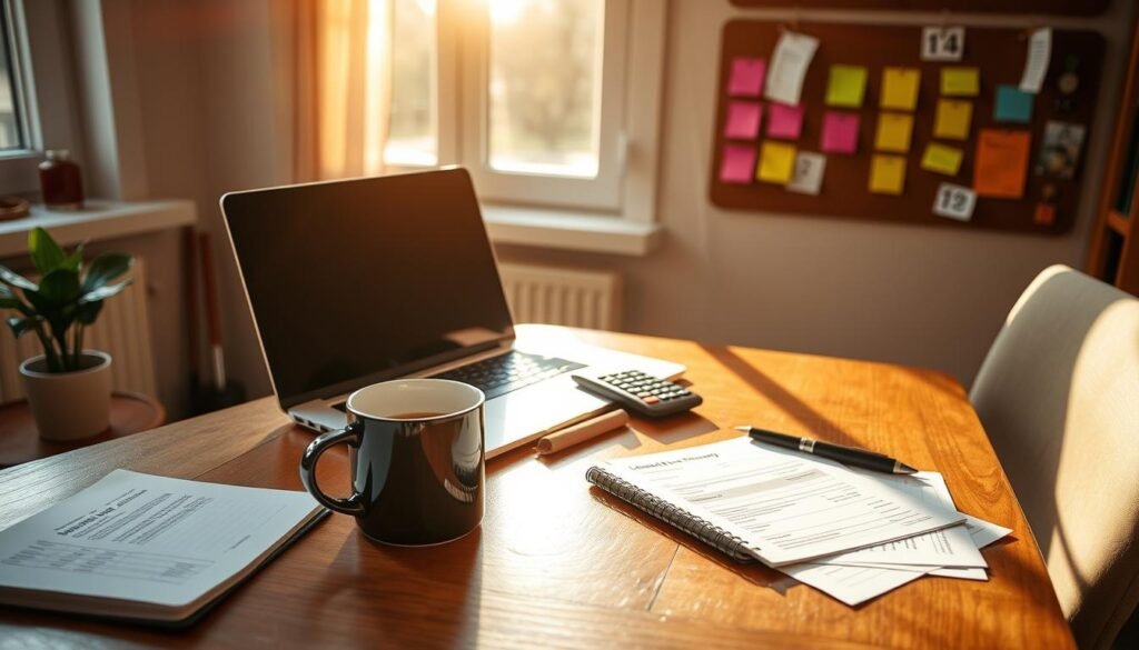 A cozy home office with a wooden desk, a laptop, and a mug of coffee. On the desk, a notebook, a calculator, and various financial documents are neatly arranged. Sunlight streams in through a nearby window, casting a warm glow on the scene. In the background, a cork board displays colorful sticky notes and a calendar, hinting at a well-organized financial plan. The overall atmosphere is one of focused productivity and thoughtful budgeting, reflecting the careful planning of a financial journey.