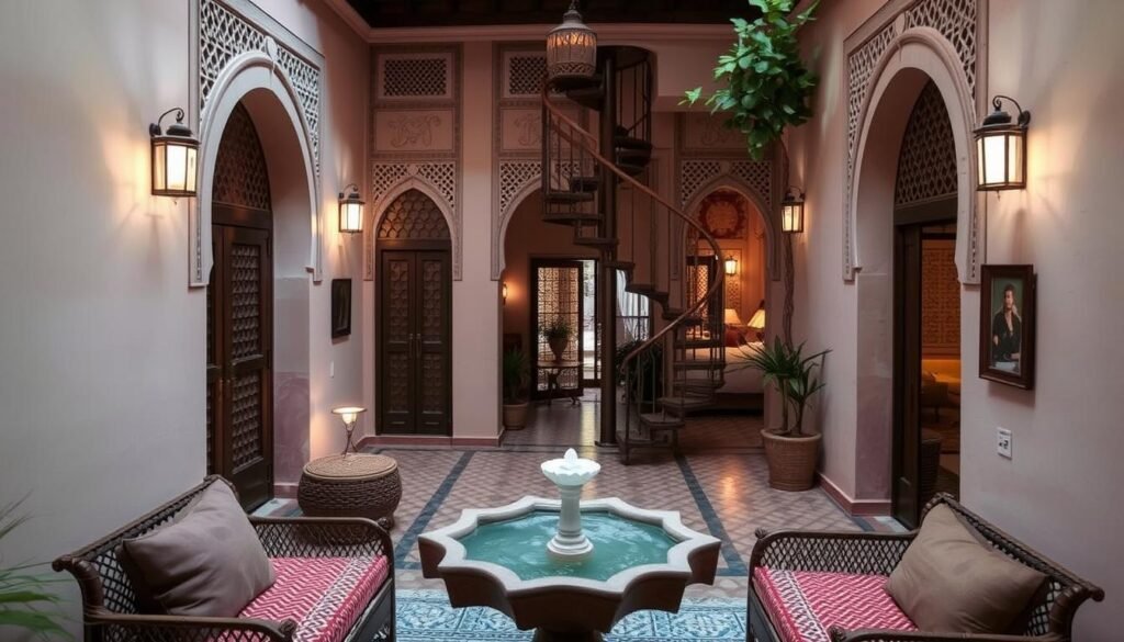 A cozy riad nestled in the heart of the Fes Medina, featuring a tranquil courtyard with a bubbling fountain, surrounded by ornate arched doorways and intricately carved plaster walls. Soft, warm lighting filters through delicate latticework, creating a serene ambiance. In the foreground, a traditional Moroccan seating area invites guests to relax and savor the flavors of local cuisine. The middle ground showcases an elegant spiral staircase leading to the upper floors, where guest rooms offer a sanctuary of peace and comfort. The background reveals a glimpse of the bustling Medina streets beyond, hinting at the vibrant cultural experiences that await. A cozy riad nestled in the heart of the Fes Medina, featuring a tranquil courtyard with a bubbling fountain, surrounded by ornate arched doorways and intricately carved plaster walls. Soft, warm lighting filters through delicate latticework, creating a serene ambiance. In the foreground, a traditional Moroccan seating area invites guests to relax and savor the flavors of local cuisine. The middle ground showcases an elegant spiral staircase leading to the upper floors, where guest rooms offer a sanctuary of peace and comfort. The background reveals a glimpse of the bustling Medina streets beyond, hinting at the vibrant cultural experiences that await.