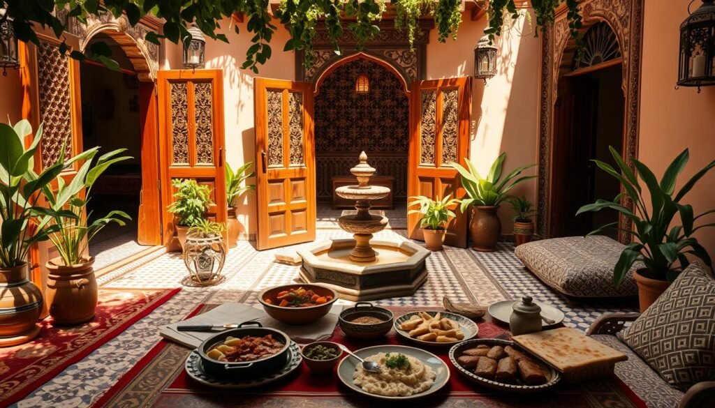 A cozy, sun-drenched riad nestled in the heart of a bustling Moroccan medina. Its intricately carved wooden doors and intricate tile mosaics set the stage for a serene oasis, where a central courtyard fountain gently bubbles. Lush potted plants line the terrace, casting dappled shadows across plush Moroccan rugs and ornate lanterns. In the foreground, a table is laid with an array of traditional tagines, couscous, and freshly baked Moroccan flatbread, inviting guests to indulge in the country's rich culinary delights. The scene is captured through the soft, warm light of a late afternoon, evoking a sense of timeless elegance and cultural immersion.