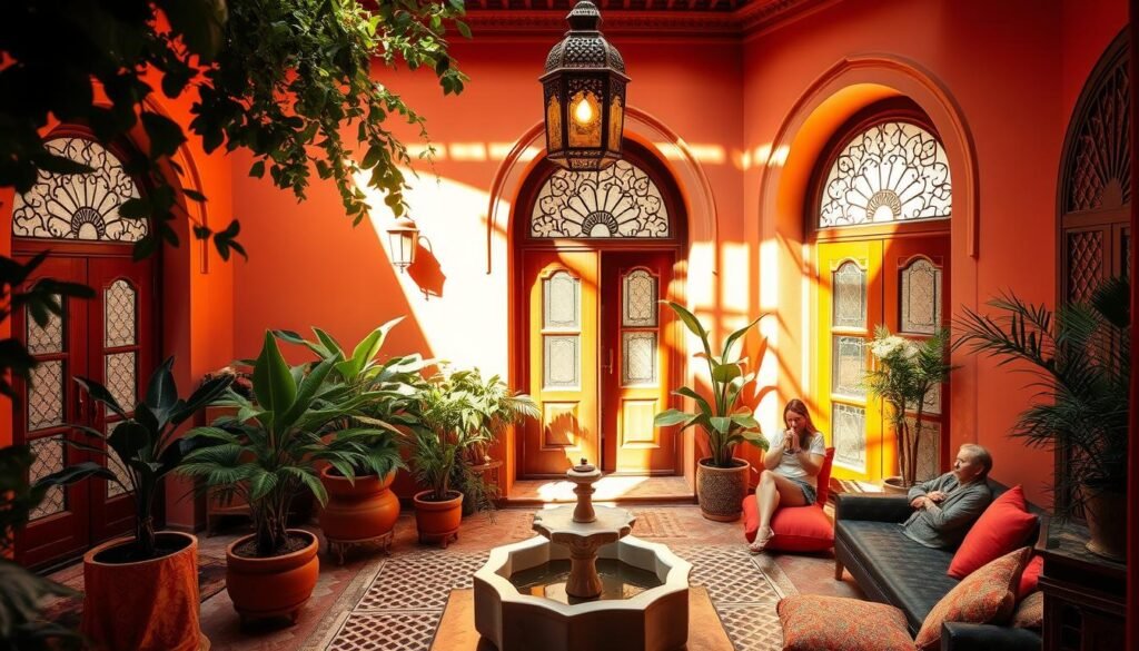 A cozy, well-appointed Moroccan riad nestled in the heart of the medina, its terracotta walls and ornate arched doorways bathed in warm, golden light. Lush potted plants and vibrant textiles adorn the central courtyard, where a tranquil fountain gently trickles. Guests sip mint tea on plush cushions, admiring the intricate tilework and ornamental lanterns that cast a soft, ambient glow. The rooms are spacious and elegantly furnished, offering a serene respite from the bustling streets outside. Stained-glass windows filter the sunlight, creating a soothing, ethereal atmosphere that evokes the rich cultural heritage of Morocco.