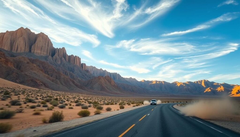 A desert landscape with rugged mountain ranges in the background, bathed in warm, golden sunlight. In the foreground, a winding road stretches out, flanked by towering dunes and sparse, hardy desert vegetation. Dust clouds kicked up by a passing vehicle add a sense of adventure and exploration. The sky is a deep, vivid blue, with wispy cirrus clouds drifting overhead. The overall scene conveys a feeling of vast, untamed wilderness and the thrill of traversing these scenic desert routes.
